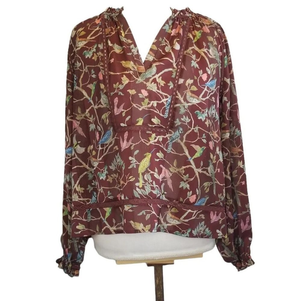 J. Crew POINT SUR Top Medium Brown‎ Novelty Bird Floral Popover Blouse Ruffle